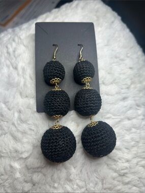 Handcrafted Black Crochet Triple Ball Drop Earrings - Gold Accents